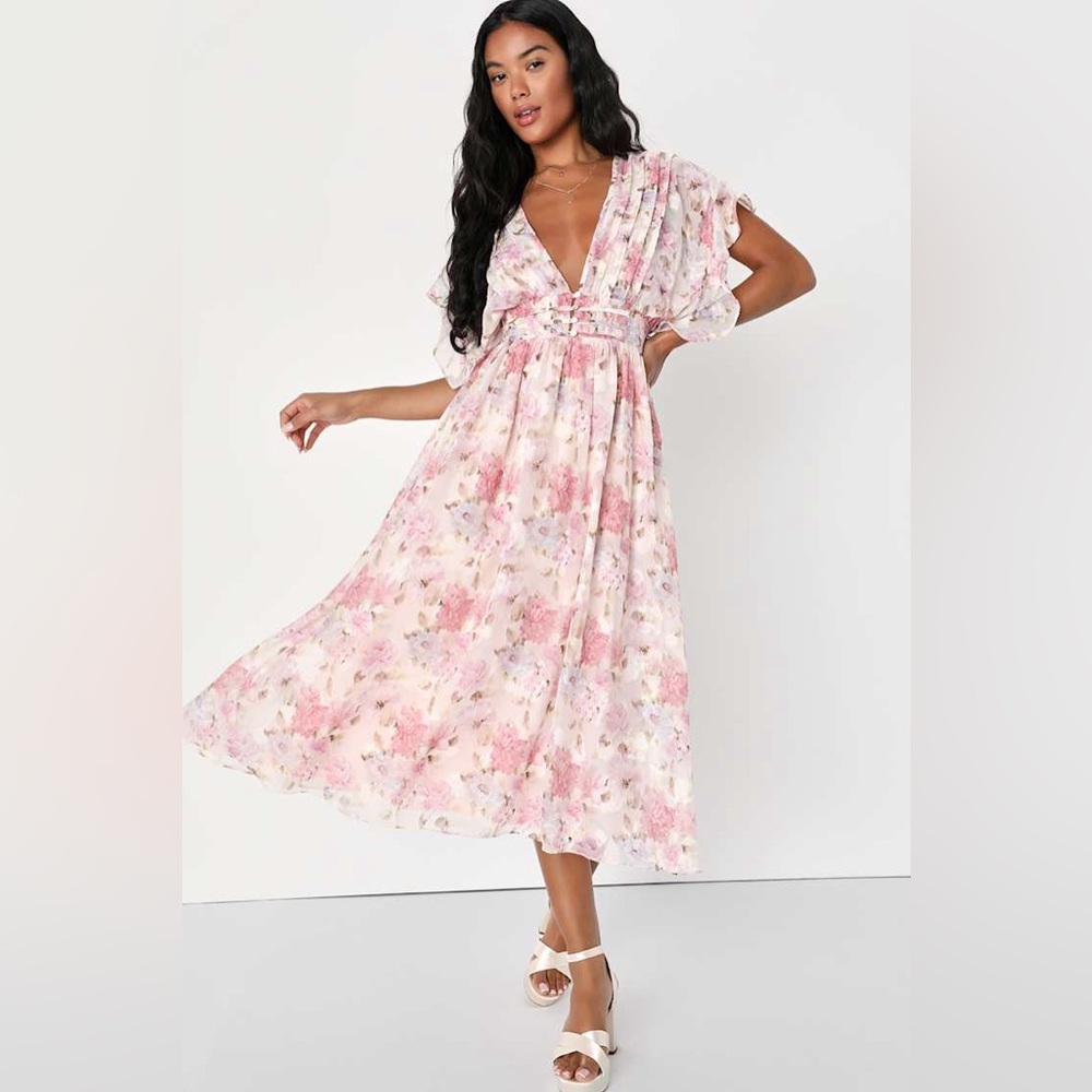 Lulus Eclectic Elegance Blush Floral Jacquard Lace-Up Midi Dress